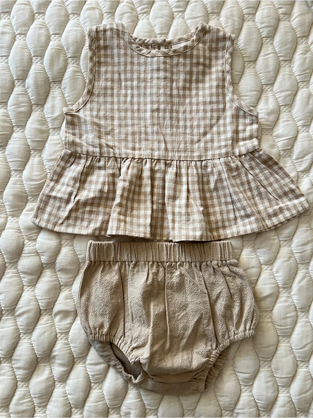 Mebie Baby Oatmeal Gingham Linen Peplum Bloomer Set 6-12M